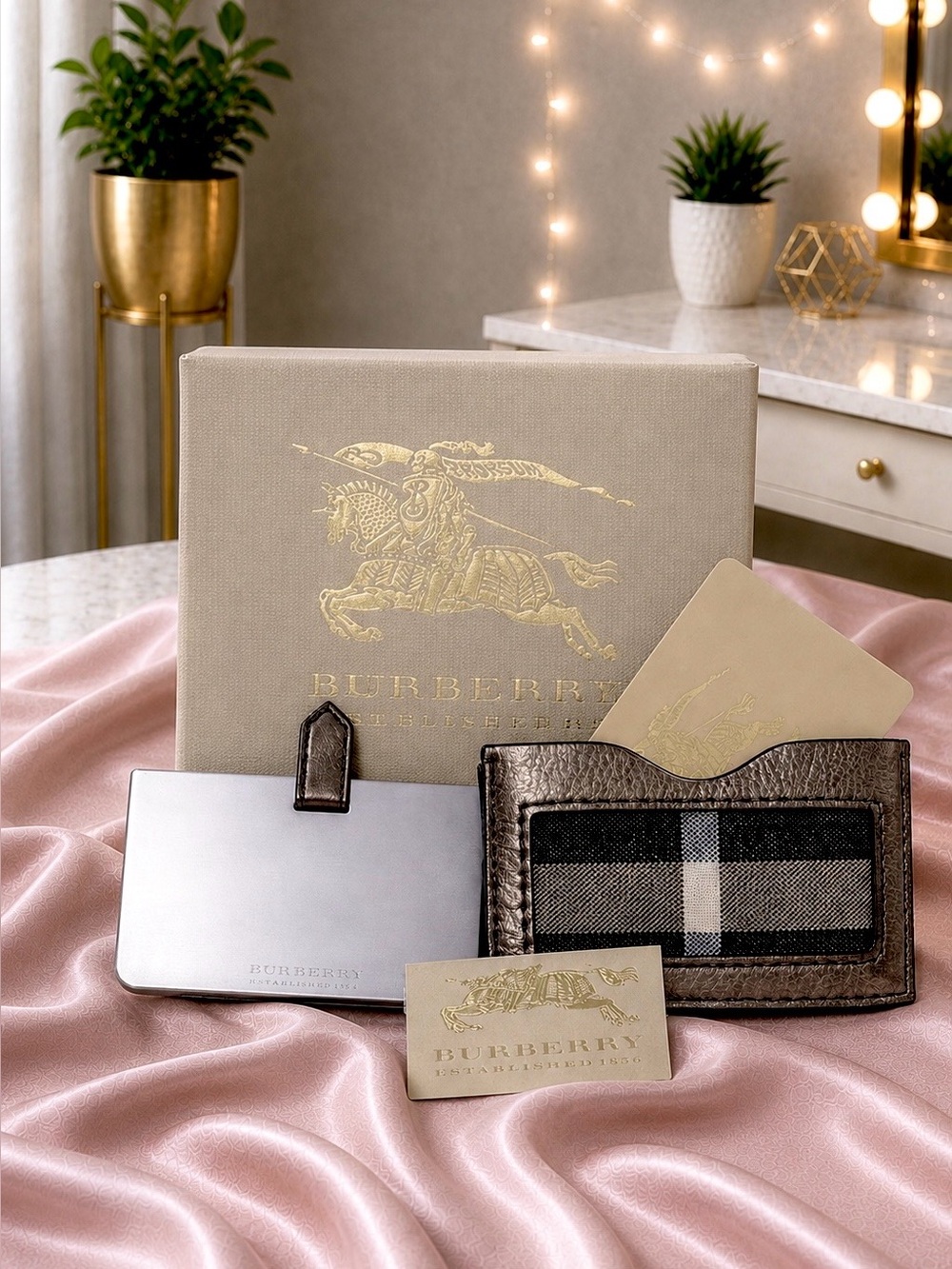 Burberry Metallic Bronze Card & Key Holder Set with House Check